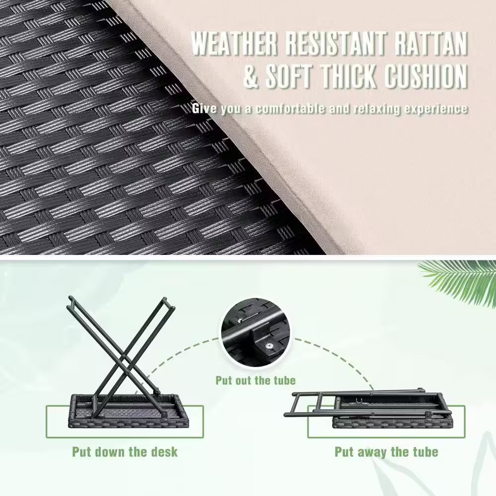 3-Pieces Steel Frame Poolside Folding Height Adjustable Wicker Outdoor Lounge Chair with Beige Cushion (Set of 2)