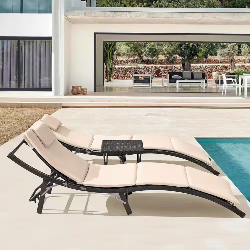 3-Pieces Steel Frame Poolside Folding Height Adjustable Wicker Outdoor Lounge Chair with Beige Cushion (Set of 2)
