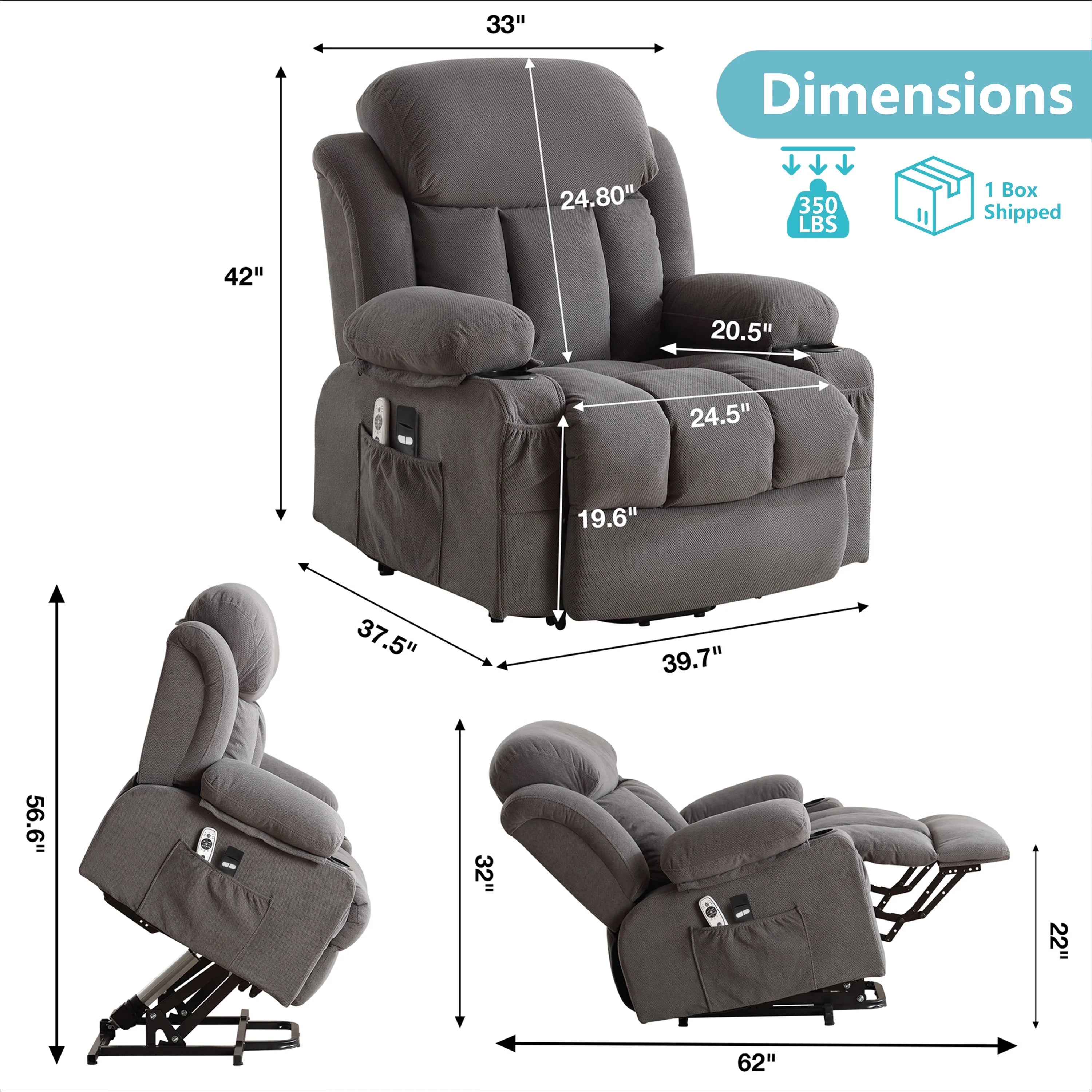 Power Lift Recliner Chair for Elderly, 24.5In Oversized Lift Chair with Massage and Heat up to 350Lbs, 160° Electric Adjustable Power Theater Recliner for Living Room, Gray