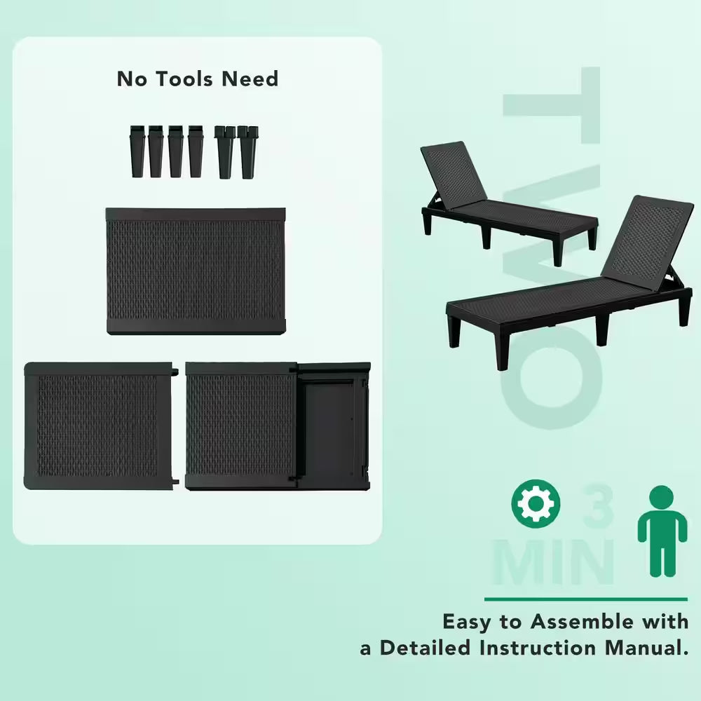 Black Resin Outdoor Chaise Lounge Set of 2 Waterproof Plastic Quick Assembly Chairs with Adjustable Back