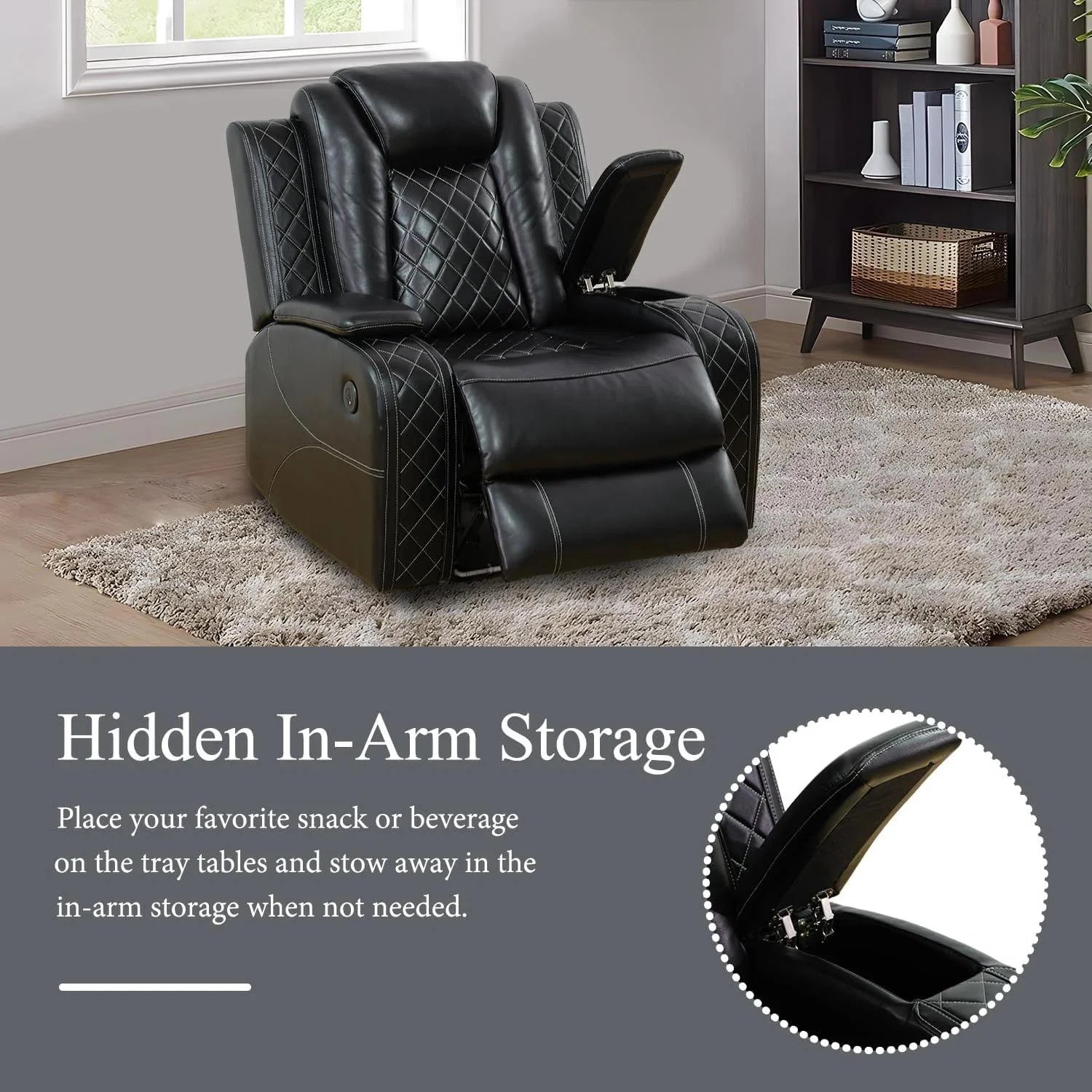 Power Recliner Chair with USB Ports and LED Lights,Home Theater Seating with Hidden Arm Storage,Black