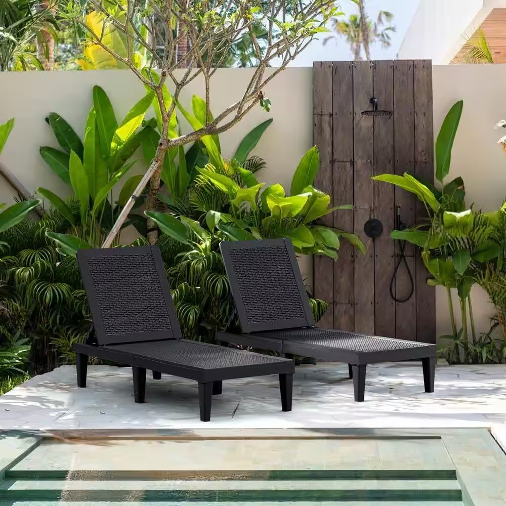Black Resin Outdoor Chaise Lounge Set of 2 Waterproof Plastic Quick Assembly Chairs with Adjustable Back
