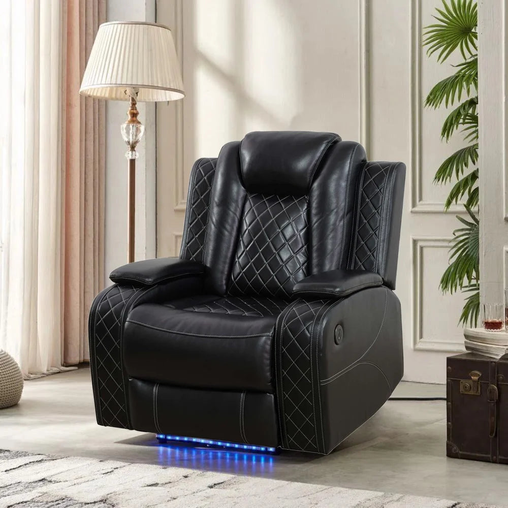 Power Recliner Chair with USB Ports and LED Lights,Home Theater Seating with Hidden Arm Storage,Black
