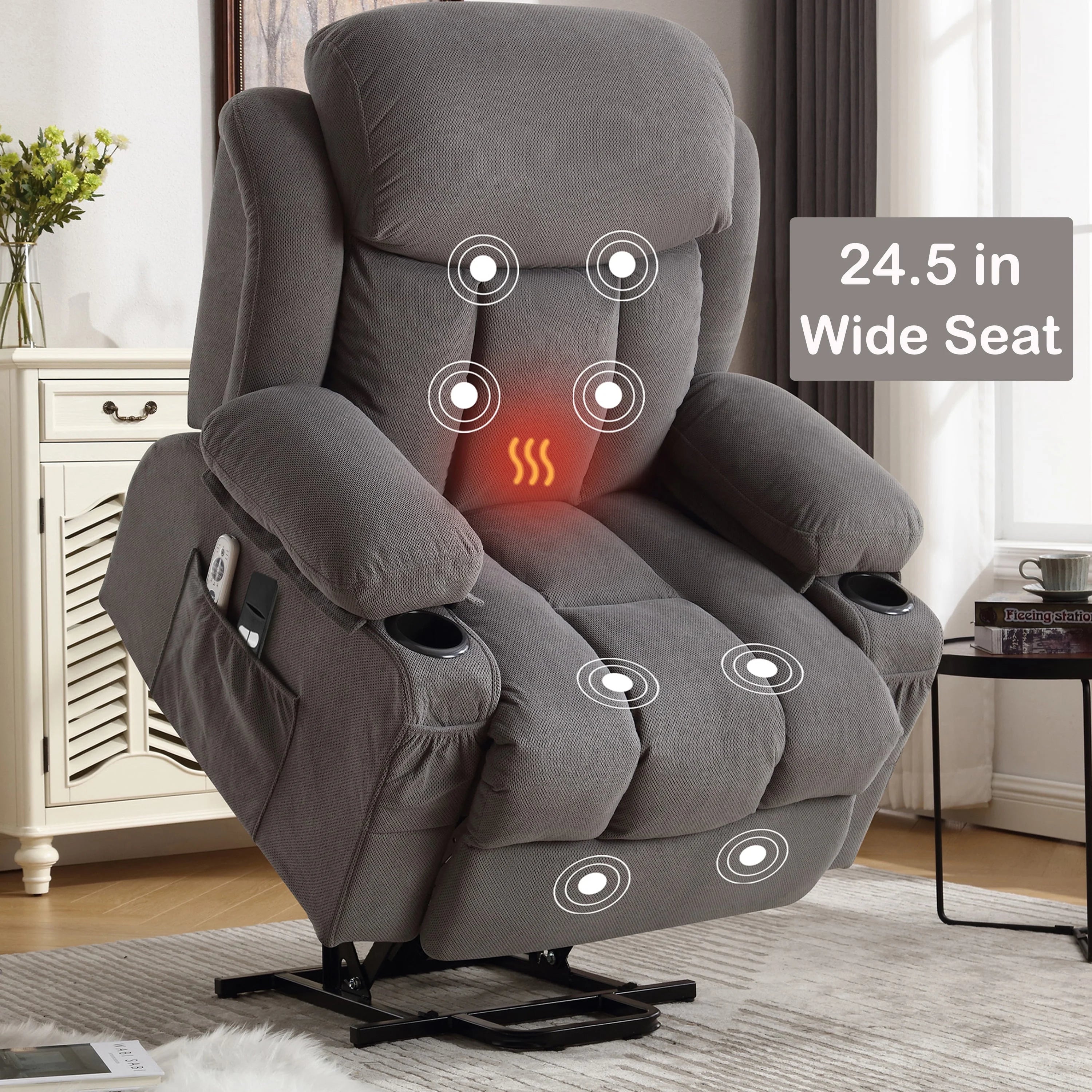 Power Lift Recliner Chair for Elderly,  24.5In Oversized Lift Chair with Massage and Heat up to 350Lbs, 160° Electric Adjustable Power Theater Recliner for Living Room, Gray