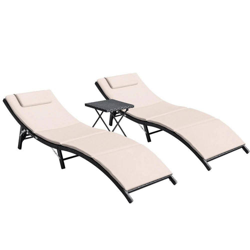3-Pieces Steel Frame Poolside Folding Height Adjustable Wicker Outdoor Lounge Chair with Beige Cushion (Set of 2)