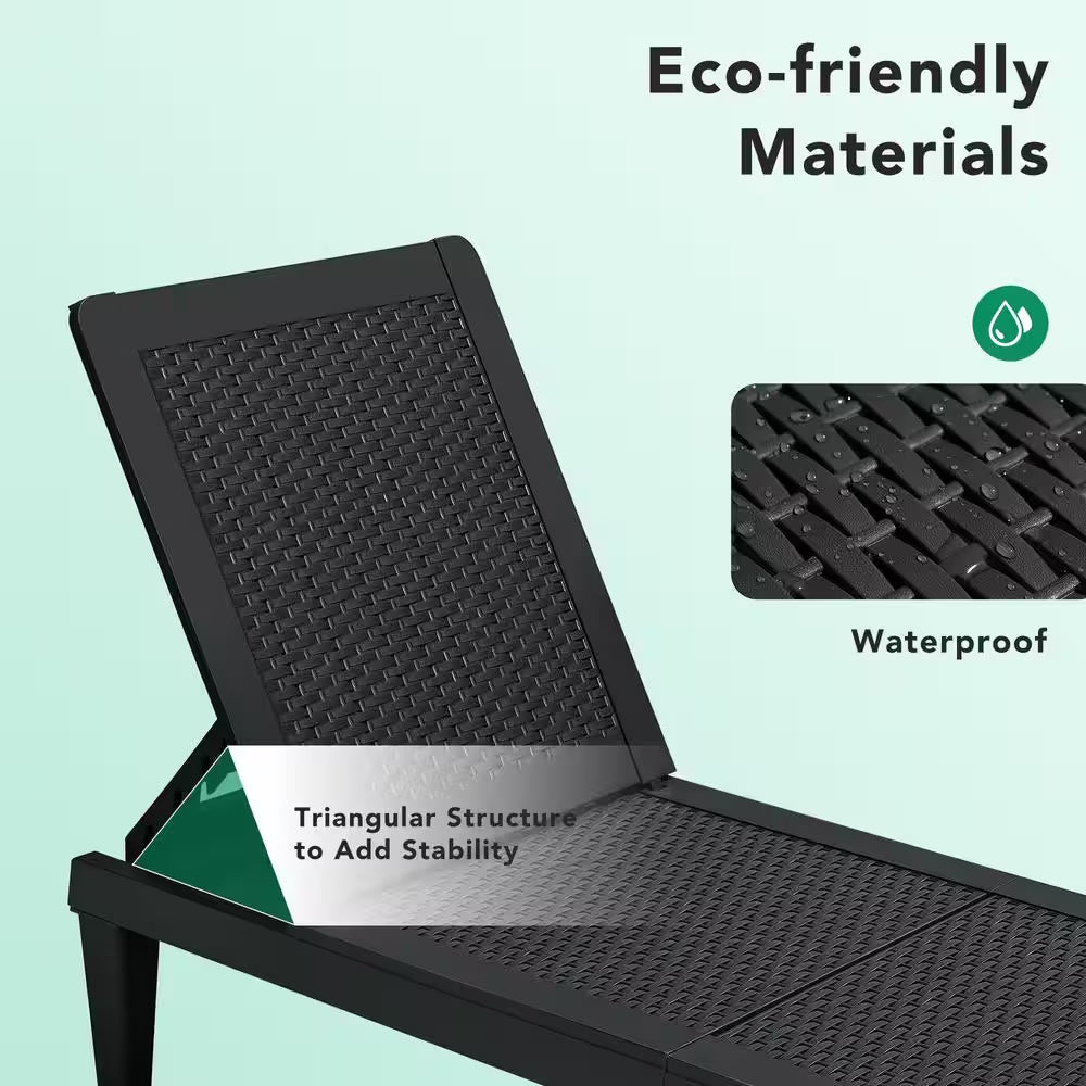 Black Resin Outdoor Chaise Lounge Set of 2 Waterproof Plastic Quick Assembly Chairs with Adjustable Back