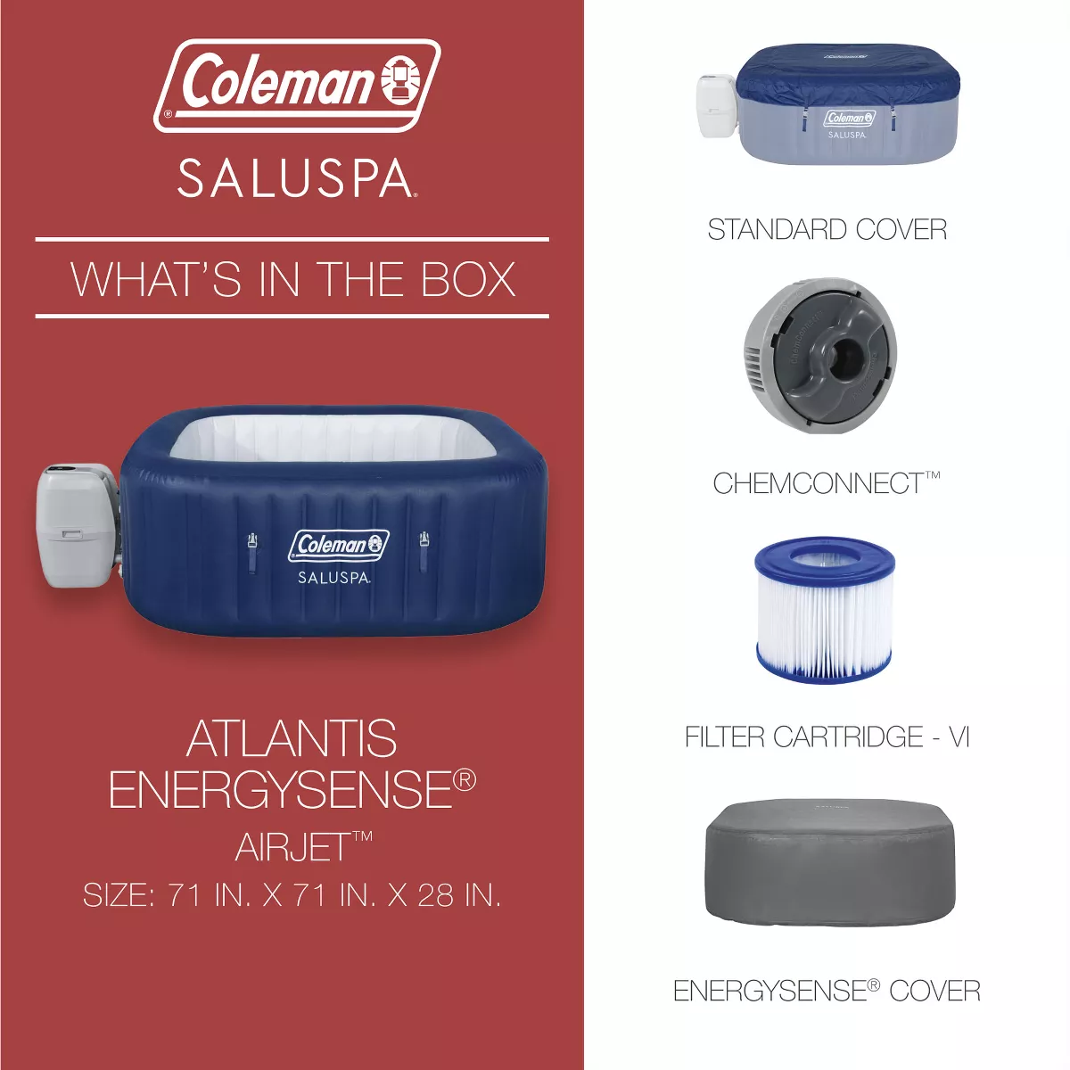 Coleman Atlantis Airjet Large Square 4 to 6 Person Inflatable Hot Tub Portable Outdoor Spa with 140 Airjets and Energysense Cover, Blue