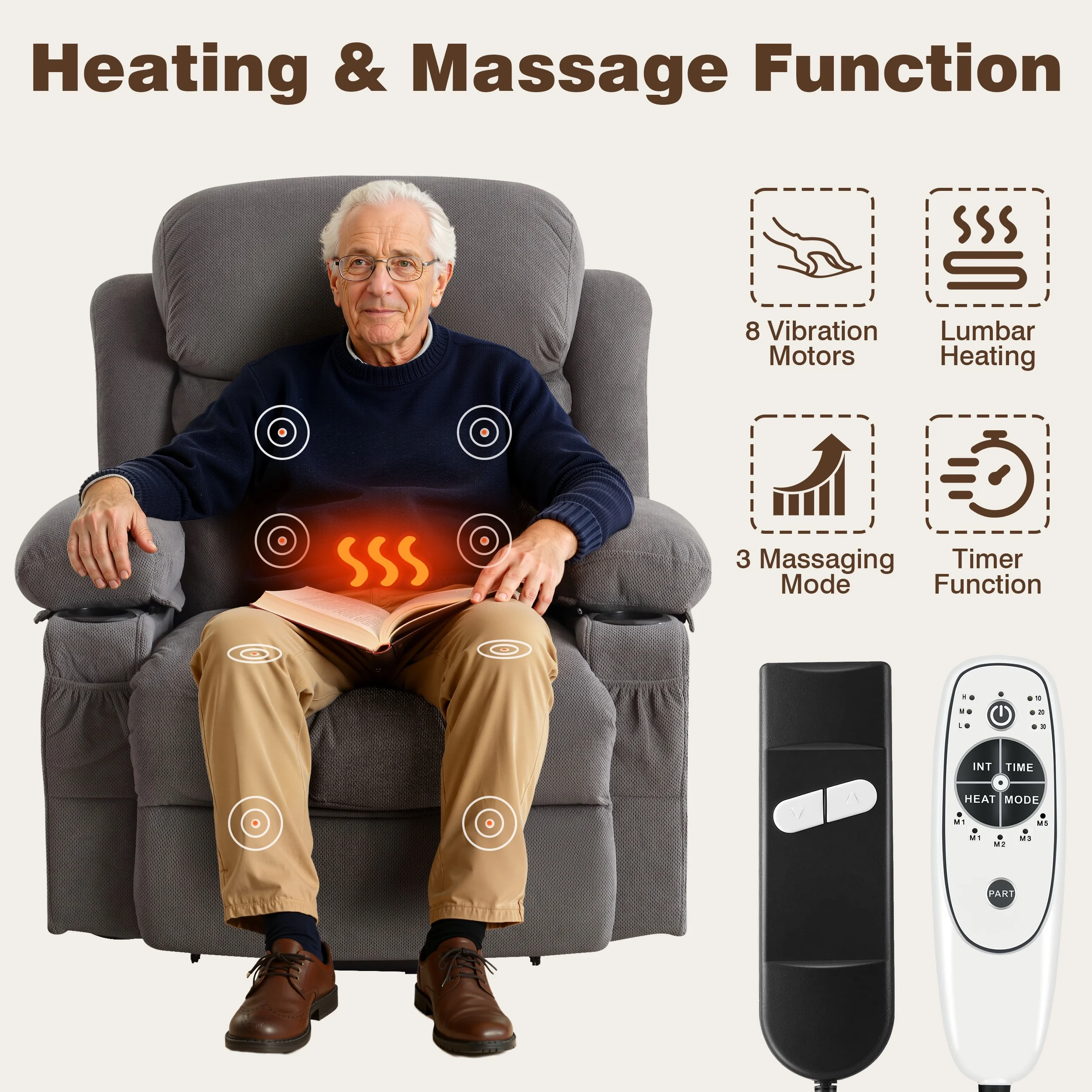 Power Lift Recliner Chair for Elderly,  24.5In Oversized Lift Chair with Massage and Heat up to 350Lbs, 160° Electric Adjustable Power Theater Recliner for Living Room, Gray
