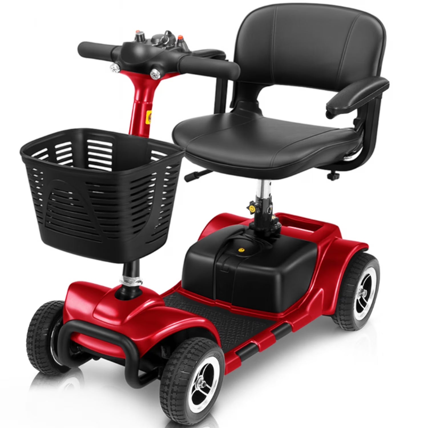 4 Wheel Battery Powered Mobility Scooter - Electric Transport Chair- Compact Heavy Duty Mobile for Travel, Adults, Elderly with Basket and Charger Included, Red