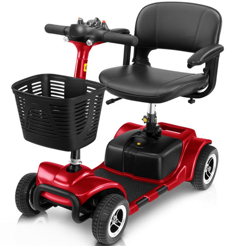 4 Wheel Battery Powered Mobility Scooter - Electric Transport Chair- Compact Heavy Duty Mobile for Travel, Adults, Elderly with Basket and Charger Included, Red