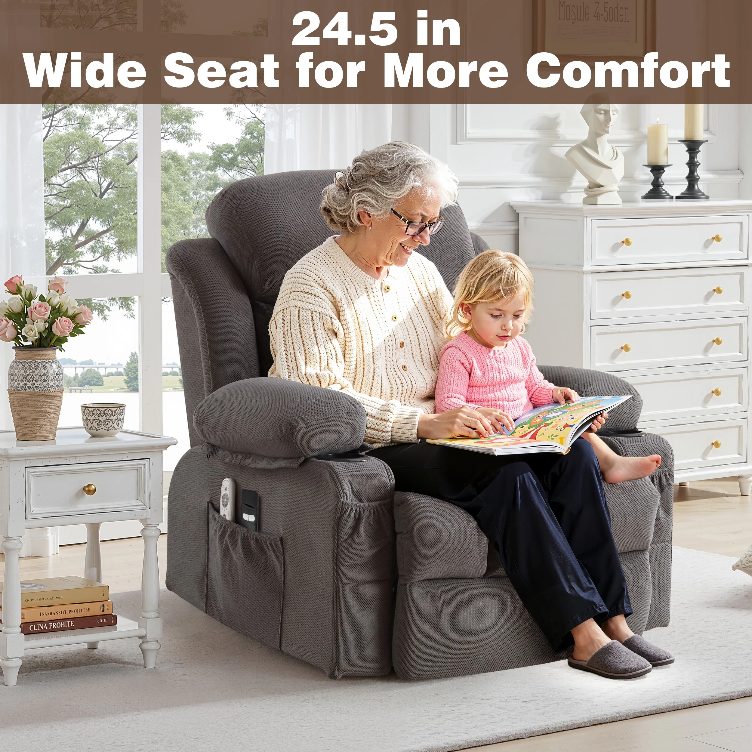 Power Lift Recliner Chair for Elderly,  24.5In Oversized Lift Chair with Massage and Heat up to 350Lbs, 160° Electric Adjustable Power Theater Recliner for Living Room, Gray