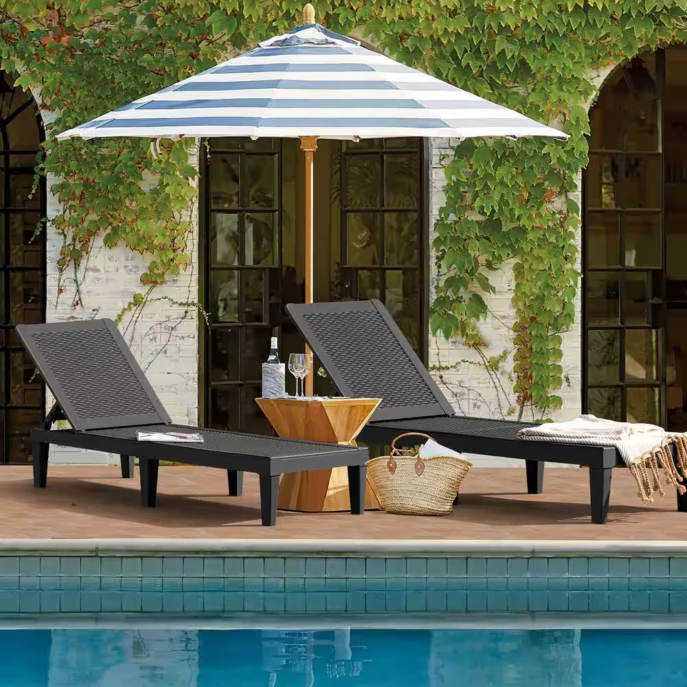 Black Resin Outdoor Chaise Lounge Set of 2 Waterproof Plastic Quick Assembly Chairs with Adjustable Back