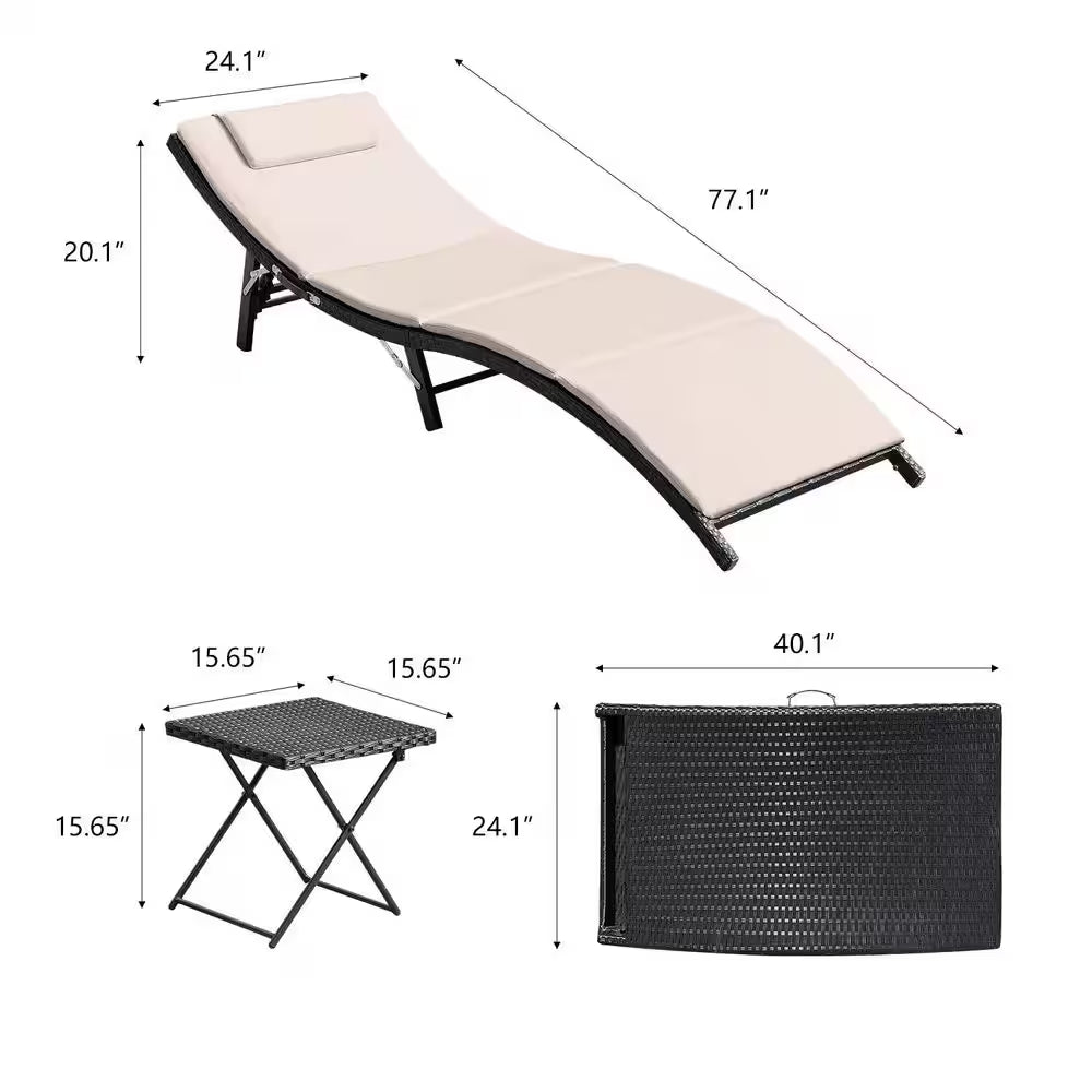 3-Pieces Steel Frame Poolside Folding Height Adjustable Wicker Outdoor Lounge Chair with Beige Cushion (Set of 2)