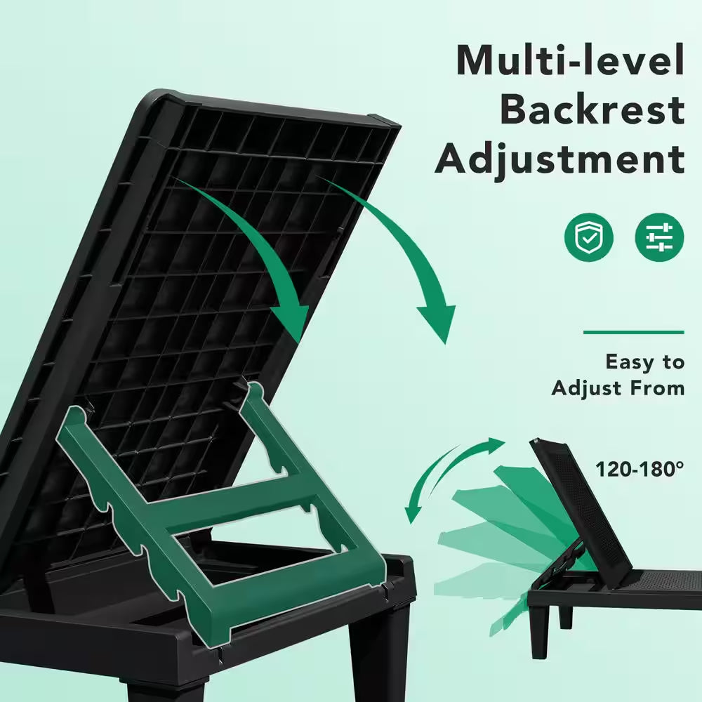 Black Resin Outdoor Chaise Lounge Set of 2 Waterproof Plastic Quick Assembly Chairs with Adjustable Back