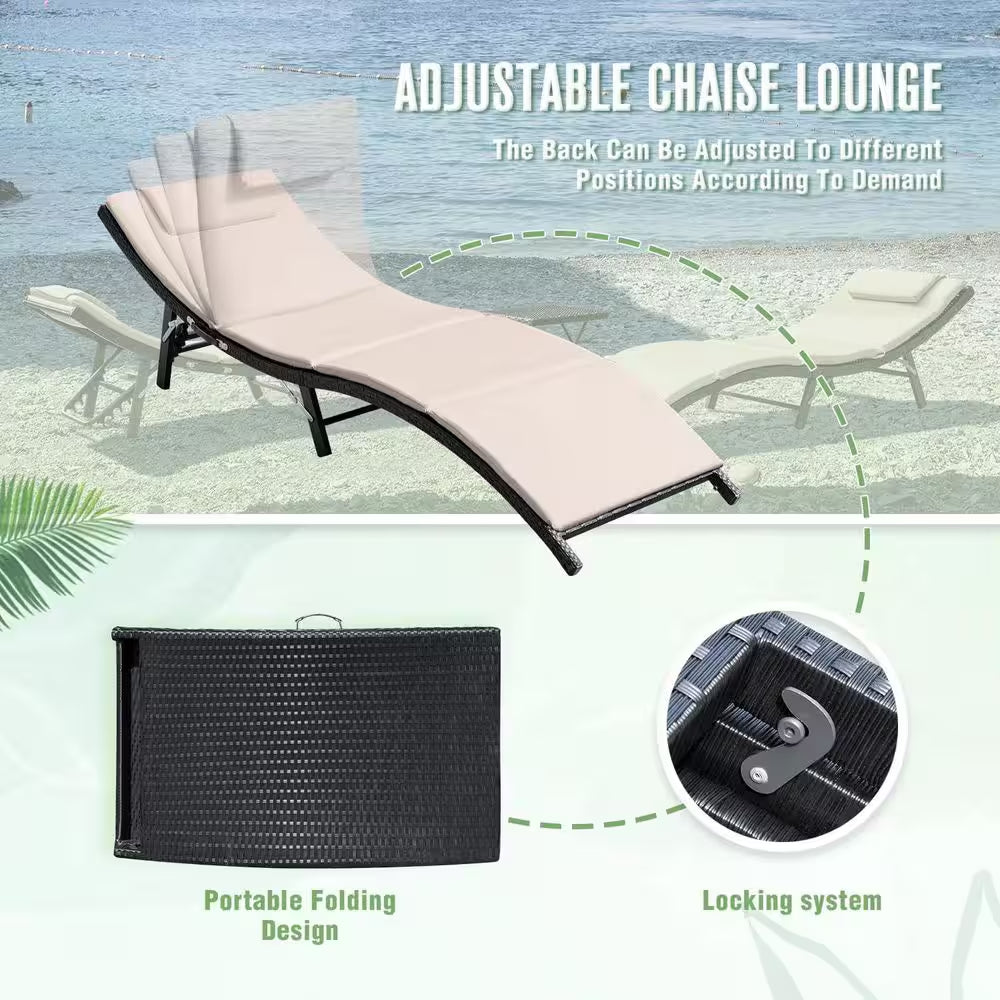3-Pieces Steel Frame Poolside Folding Height Adjustable Wicker Outdoor Lounge Chair with Beige Cushion (Set of 2)