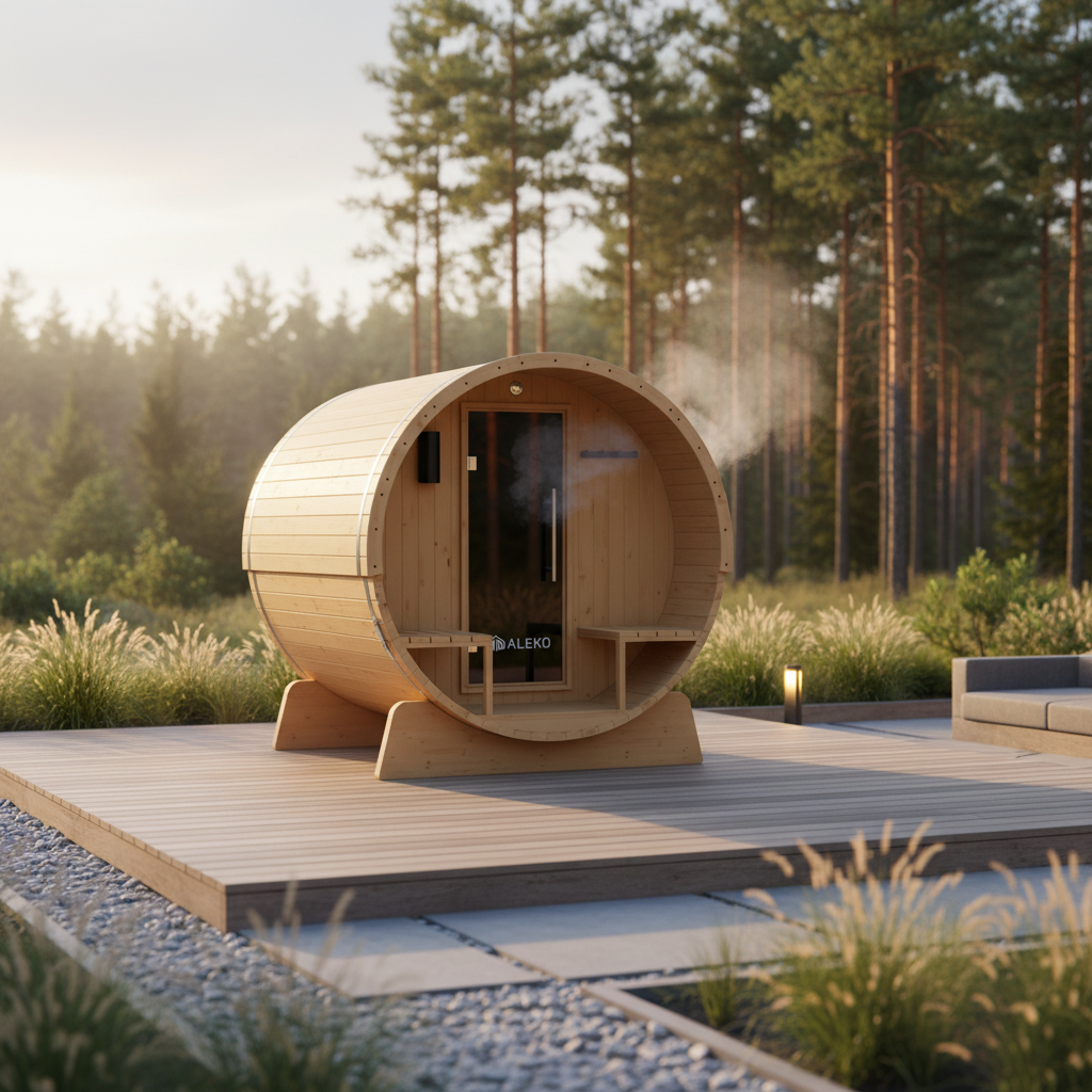 Outdoor Indoor Finland Pine Wet Dry Barrel Sauna 3-5 Person Front Porch Canopy 4.5 Kw ETL Certified Bitumen Shingle Roof